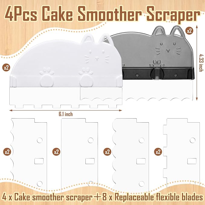 4 Pcs Cake Smoother Scraper with 8 Replaceable Flexible Blades Multi Pattern Edge Stripe Scrapers for DIY Icing Frosting Buttercream Kitchen Alisador De Acetato Para Pasteles Baking Tools