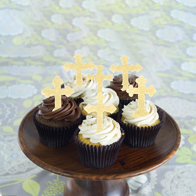 60 PCS Edible Cross Cupcake Toppers God Bless and Baptism Cupcake Toppers Edible Cross Cupcake Picks First Communion Cake Decorations for Religious Theme Baby Shower Birthday Party Supplies Gold