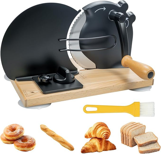 Manual Bread Slicer for Homemade Sourdough Bread with Strong Suction Base | 0-0.75" Adjustable Thickness, 402 Stainless Steel Blade, Beech Wood Base, Homemade Bread Toast Bagel Cutter