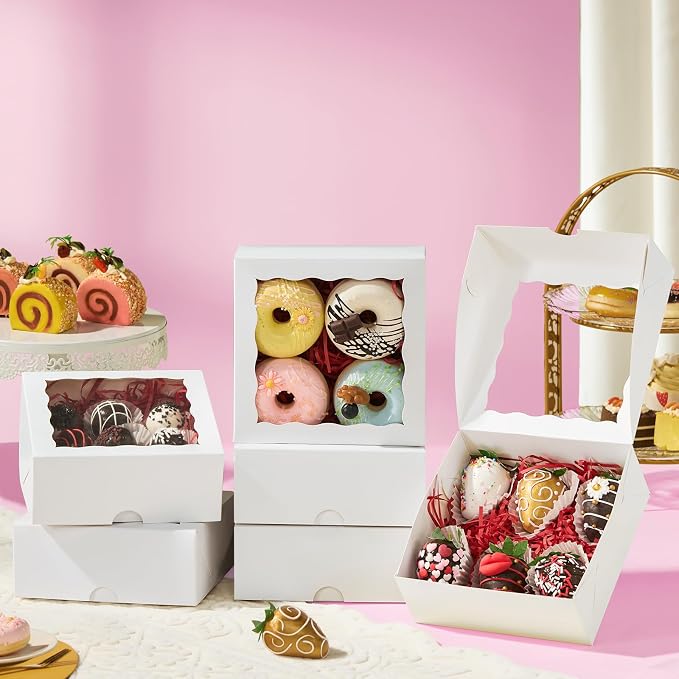 RomanticBaking 20PCS 6x6x2.5 Inches Elegant Bakery Boxes with Window,Ideal for Cookies,Chocolate Covered Strawberries, Cakes, Macarons, Truffles,and More,Easy to Assemble, Transparent Window,