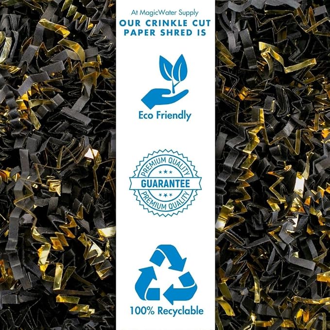 MagicWater Crinkle Cut Paper for Gift Baskets - 2LB - Black & Gold - Perfect for Shredded Paper Filler, Basket Filler, Gift Boxes, Bridesmaid Gifts, Christmas Stuffers & More – Ideal for All Occasions