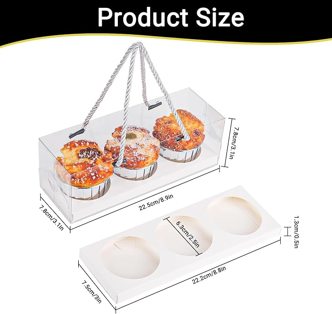 EUSOAR Cupcake Boxes, 10 Pcs 9"x3"x3" White Clear 3 Compartments Take out Containers for Muffins, Rectangular Portable Dessert Pastry Holder Cookies Wrappers for Birthday Wedding Party Bakery