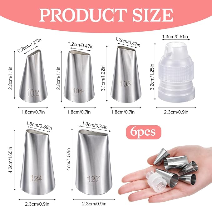 6 Pcs Large Piping Tips Frosting Piping Kit Stainless Steel Cake Decorating Tips Pastry Icing Tip Nozzles Pastry Bags Tip Baking Tools for Cupcakes Cookies Buttercream Supplies with Coupler