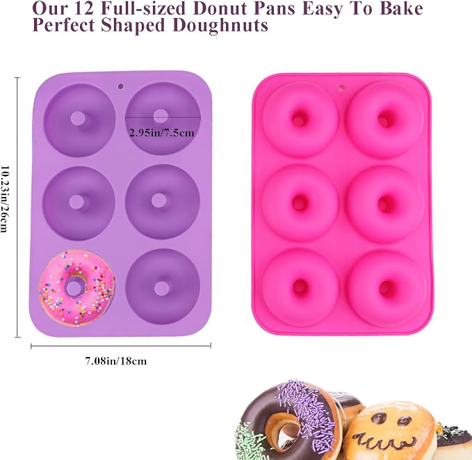 2-Pack Donut Pan Set, Messar Silicone Doughnuts Tin Baking Tray Maker Pan, Non-Stick Cake Mold, Easy to Bake Full Size Perfect Shaped Donuts to Sweeten Your "Hole" Day (Light purple & Rose red)