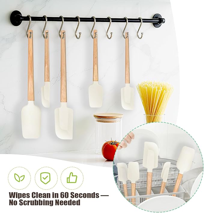 Silicone Spatula Set 5-Piece, Food Grade Heat Resistant 600°F, Wooden Handle Kitchen Utensils for Non-Stick Cookware, BPA Free Baking & Cooking Scraper Set (White)