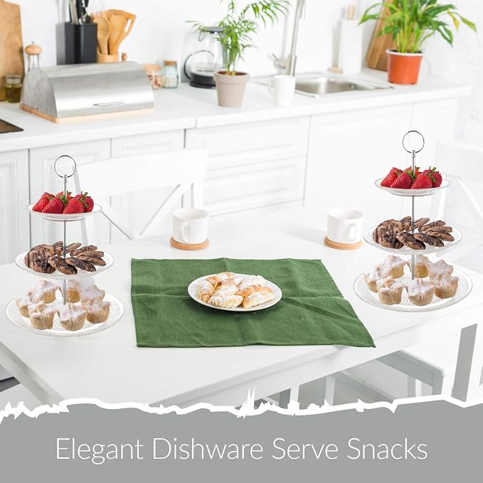 Royalty Art 3-Tiered Serving Stand (Glass) Beautiful, Elegant Dishware Serve Snacks, Appetizers, Cakes, Candies Durable, Reusable Party or Holiday Hosting (Silver) (1) (2)