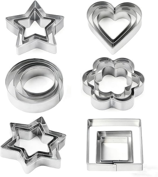 18 Pieces Metal Cookie Cutters, Stainless Steel Molds Flower Square Heart Round Star Shapes for Home Holiday Mother's Day