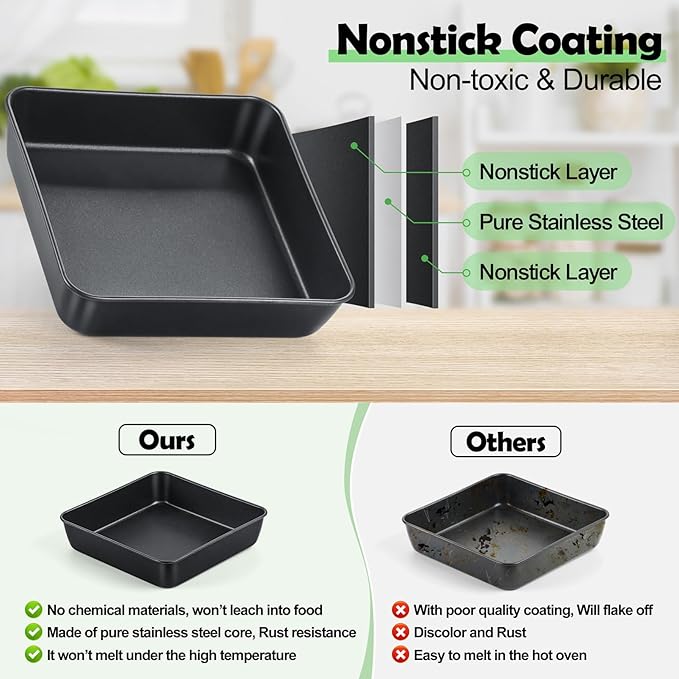 TeamFar 9x9 Inch Square Cake Pan with Lid, Non-Stick Square Baking Roasting Pan, with Stainless Steel Core for Cooking Brownie Lasagna, Non-Toxic & Heavy-Duty, Release & Clean Easily (1 Pan+1 Lid)