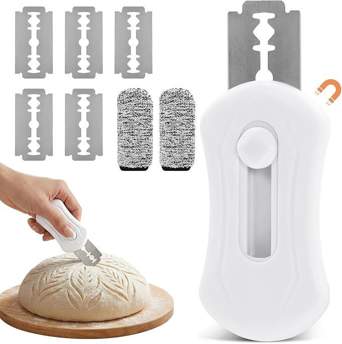 Bread Lame Dough Scoring Tool Set, Professional Sourdough Scoring Tool & Bread Scorer with 5 Razor Blades, Finger Protectors Bread Razor for Artisan Baking White