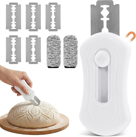 Bread Lame Dough Scoring Tool Set, Professional Sourdough Scoring Tool & Bread Scorer with 5 Razor Blades, Finger Protectors Bread Razor for Artisan Baking White