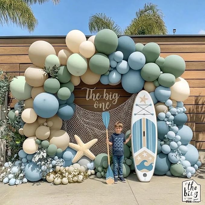 Dusty Blue Green Balloon Arch Kit Double Stuffed Pastel Light Sage Green Blue White Sand Beige Balloon Garland for Birthday Baby Shower One Silly Goose Dinosaur Wedding Ocean Party Decoration