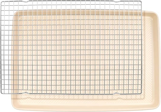 David Burke 17x11 Cookie Sheet with Chrome Cooling Rack – Carbon Steel, PFTE & PFOA Free, Oven Safe, Non-Toxic, Perfect for Baking and Roasting – Cream