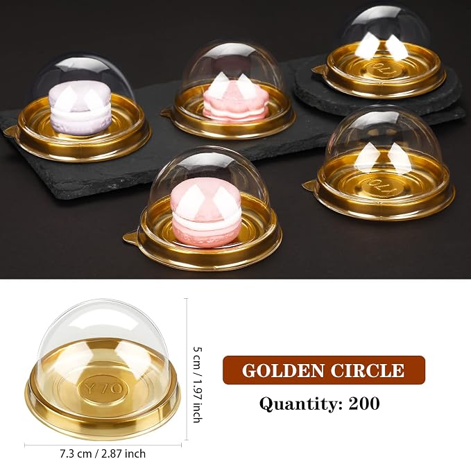 Patelai 200 Pcs Mini Cupcake Boxes Containers Clear Plastic Muffins Cheese Pastry Containers with Dome Lids for Wedding Birthday Party Gifts Supplies, 2.87 x 2.87 x 1.97 Inch (Gold)