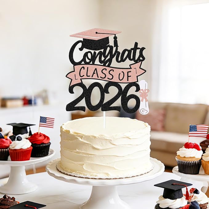 Congrats Class of 2026 Cake Topper Congrats Grad Cap Diploma Theme for High School Happy Graduation Party Supplies College Graduate Decoration (Rose Gold)