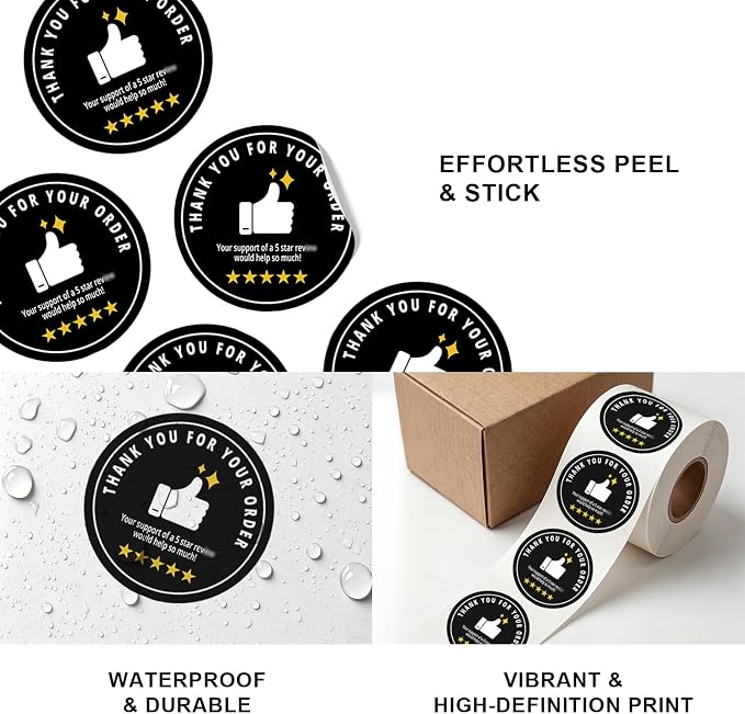 500pcs Thank You for Your Order Stickers - 1.7 Inch Round Small Business Stickers, 5 Star Support Labels for Shipping Bags, Gift Boxes, Envelopes, and Online Retail Packagings