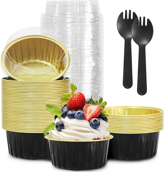Graduation Party 50Pcs Mini Aluminum Foil Cupcake,5oz Baking Cups with Lids,Mini Cake Pans Disposable,Loaf Pans with Lids,Disposable Ramekins,Tin Cups Containers for Cupcake,Pudding,Muffin (50, Black)