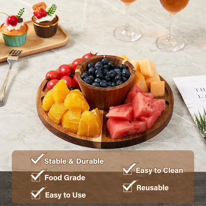 Acacia Wood Cake Stand with Lid, 6-in-1 Multifunctional Cake Plate, Cake Holder, Serving Tray, Fruit Platter, Salad Bowl, Dessert Table Display & Acrylic Cake Dome Cover