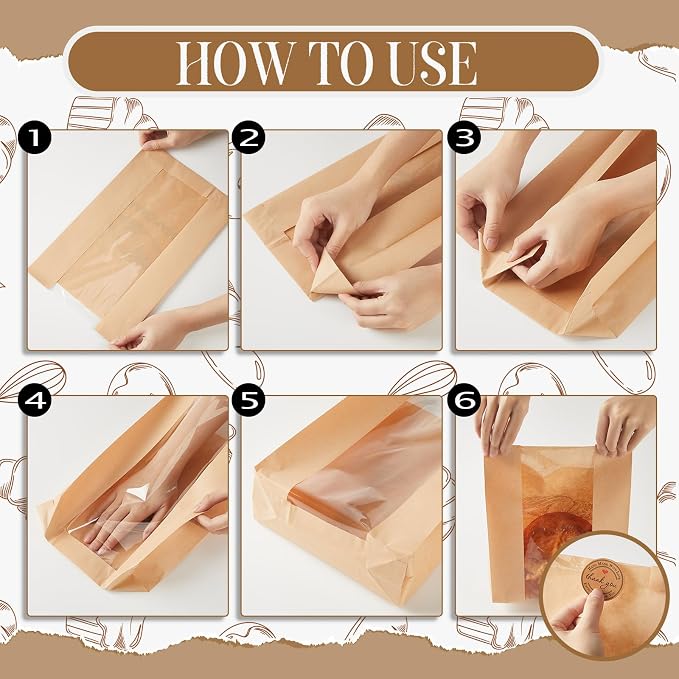 Feifeiya 100 Pack Kraft Paper Bread Bags for Homemade Sourdough Bread with Window & Stickers, 13.7x8.3" Large Bakery Bags for Loaves Greaseproof Food Packaging for Baking Gifts, Brown(Novel Style)