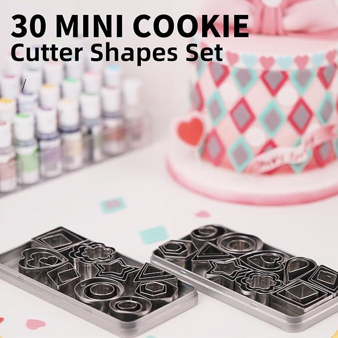 Mini Cookie Cutter Shapes Set - 30 Tiny Stainless Steel Stamps of Geometric Shapes Cookie Cutters-Heart Star Flower Round Square Hexagon Oval Diamond Biscuit Cutters