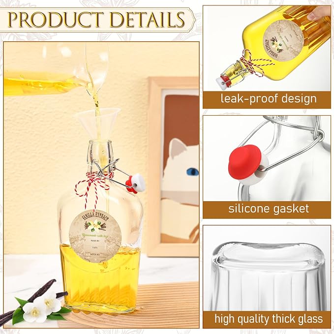 Uiifan 2 Pack 16 oz Vanilla Extract Bottles with Swing Top Flask Whiskey Pocket Clear Glass Flask for Homemade Vanilla Extract Lemon Kombucha Water Apply Christmas Wedding Gift (Clear)