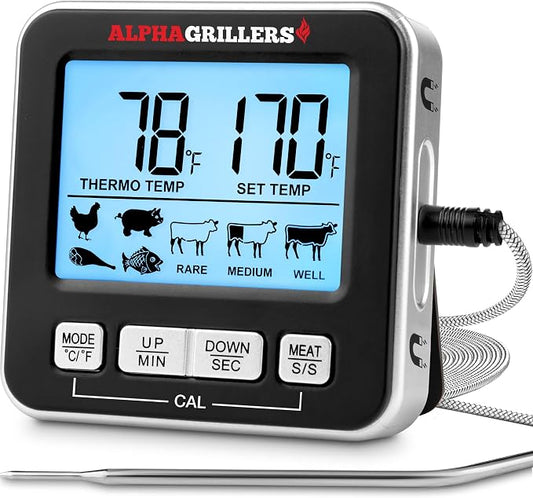 Alpha Grillers Meat Thermometer Digital - Kitchen Oven Thermometer for Cooking Food, Grilling, BBQ Smoker - 7 Preset Temperature Alerts, Timer, Alarm, & Stainless Steel Temperature Probe