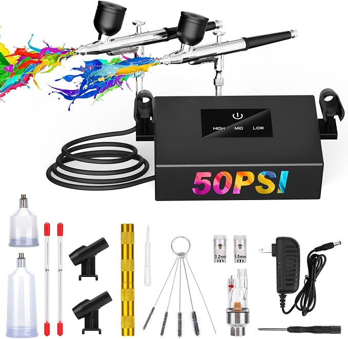 Airbrush Kit with Air Compressor Dual Airflow Version, 2 Airbrush Guns, 50 PSI Air Brush Kit with 0.2/0.3/0.5mm Nozzle for Painting, Modeling, Cake Decorating, Makeup, Nails, Crafts