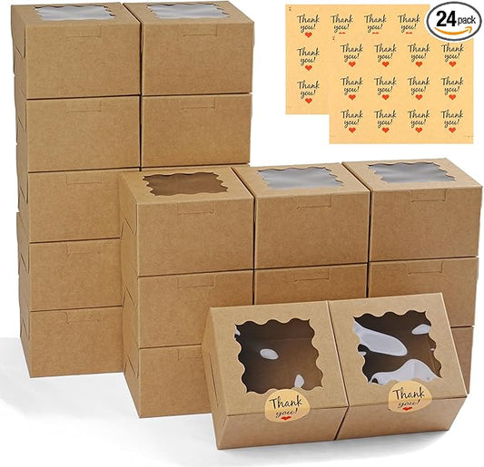 WINKIO 24pcs Brown Cookie Boxes, 4x4x2.5 Inches Bakery Boxes with Window, for Mini Cake Treat Dessert Pastry Donuts Macaroon Strawberries Chocolate Candy (with Stickers)