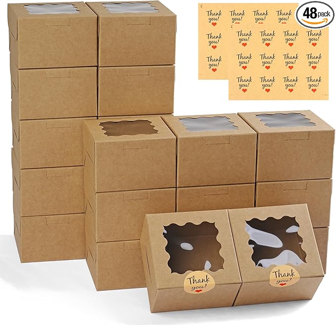 WINKIO 48 Pcs White Cookie Boxes, 4x4x2.5 Inches Bakery Boxes with Window, for Mini Cake Treat Dessert Pastry Donuts Macaroon Strawberries Chocolate Candy (with Stickers)