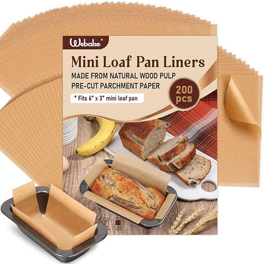 Webake 200Pcs Unbleached Parchment Paper Mini Loaf Pan Liners for 6x3 Small Banana Bread Pan, Original Precut, Non Toxic Baking Paper