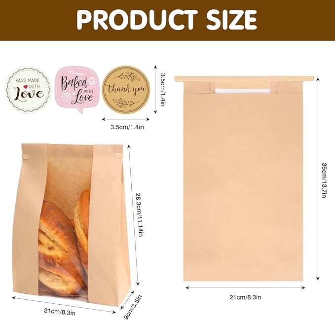 Moretoes 20 Pack Paper Bread Bags for Homemade Bread, 13.7x8.3x3.5 Inches, Sourdough Bread Bags with Tin Tie Tab and Clear Front Window, Includes 36 Label Seal Stickers