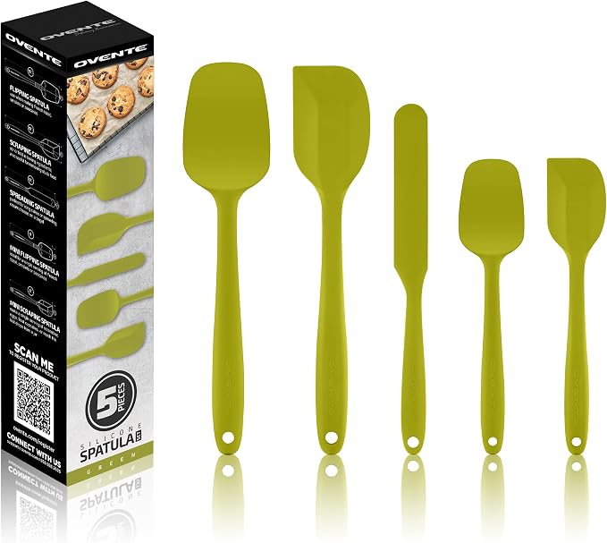OVENTE Silicone Spatula Set of 5, Food Grade Rubber Spatula with High Heat Resistant, BPA-Free and Dishwasher Safe, Nonstick Kitchen Utensils for Baking, Cooking and Mixing, Green SP12305G