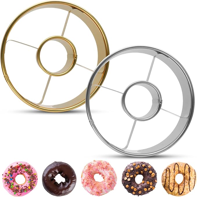 2 Pack Stainless Steel Donuts Cutter Set, 3.86 Inch Professional Baking Tool with 1.38 Inch Center Hole for Perfect Homemade Donuts, Silver & Gold