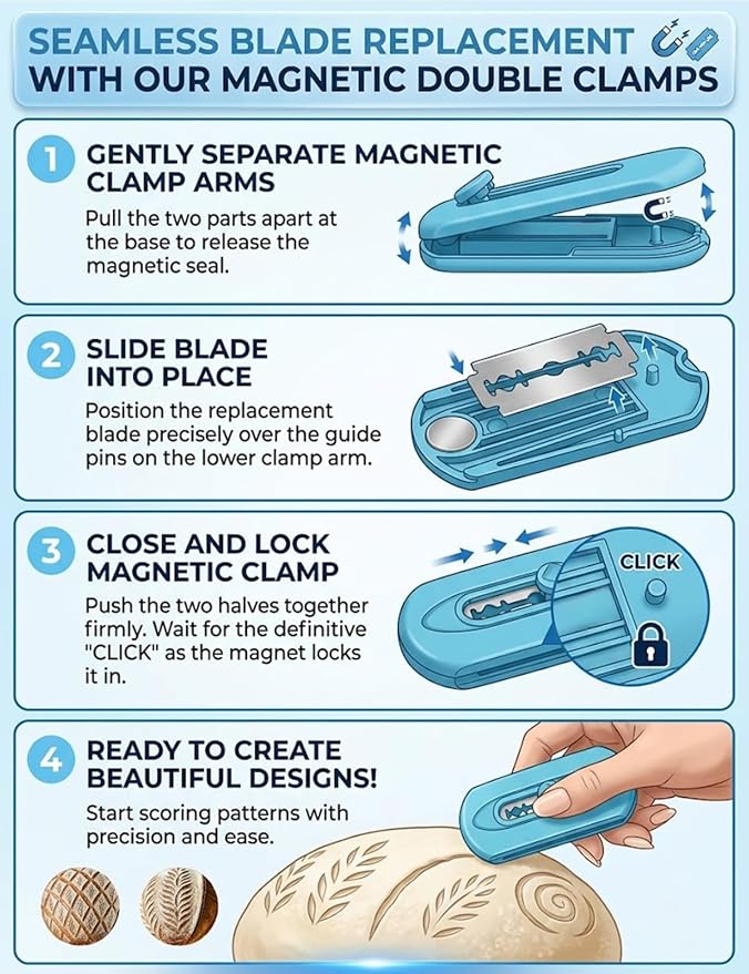 Magnetic Lame Bread Tool with Extractable Blade, Professional Bread Lame Sourdough Scoring Tool with Ergonomic Handle, Sourdough Scorer Knife for Homemade Baking, Includes 10 Replacement Razor Blades