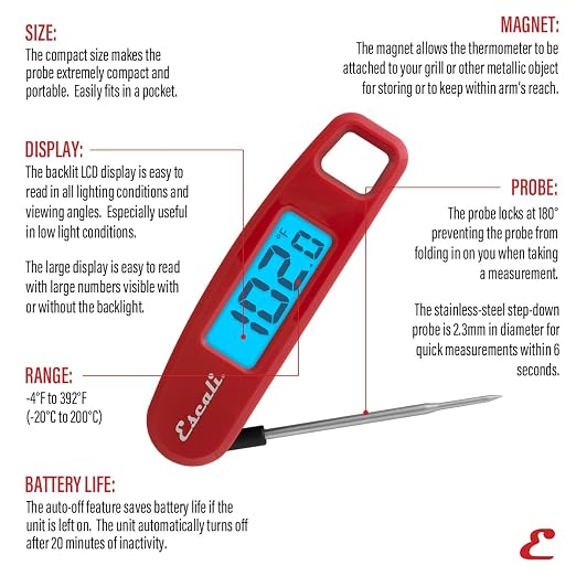 Escali Compact Portable Meat Candy Folding Digital Thermometer, Backlit Display Easy to Storage with Magnet, Red