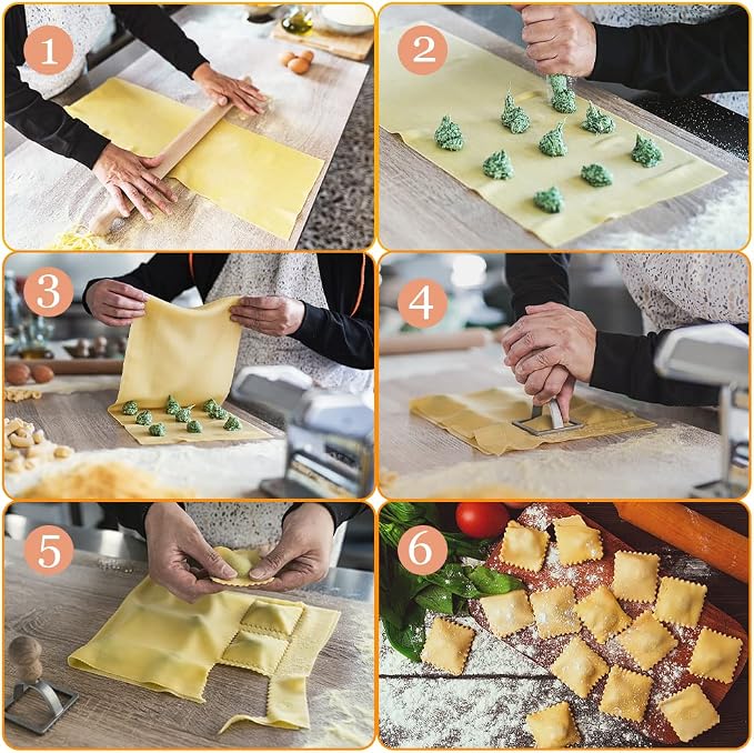 Ravioli Pasta Cutter Wheel Set of 5, Ravioli Makers with Roller Ravioli Stamp Cutter Set with Wooden Handle, Pasta Press Wheel Pasta Maker Tools For Pasta Making Dumplings, Pierogi (Silver)