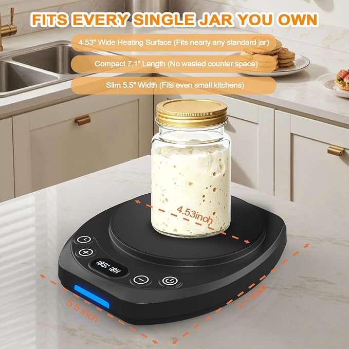 Sourdough Starter Warmer Mat,65-110°F 1°F Precision, 24H Timer & Memory, Electric Heating Mat for 24-40oz Jars, Home Baking（Black）