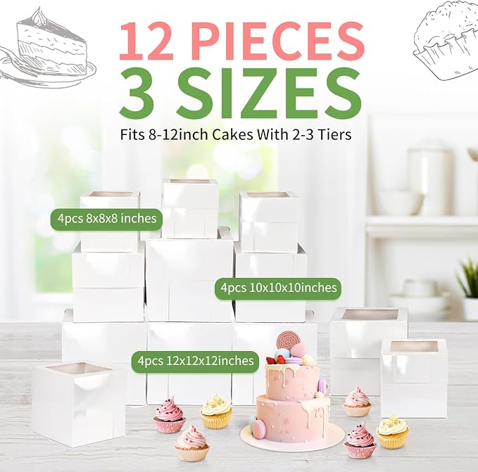 Moretoes 12 Pcs Cake Box, Tall Cake Boxes with Window in 3 Sizes 12x12x12 10x10x10 8x8x8 Inches, Bakery Boxes Disposable Carrier Take Out Container, 2 or 3 Tier for Valentine's Day Mother's Day