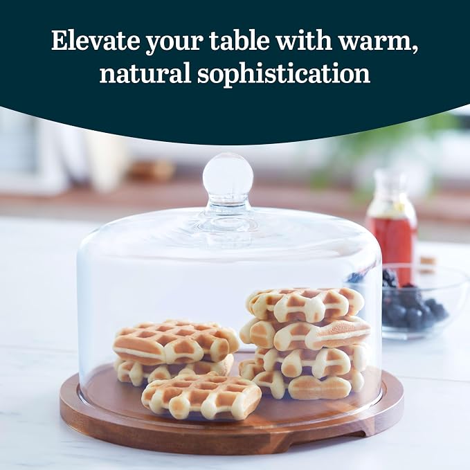 Libbey Acacia Wood Cake Stand with Lid, Ball Top Handle Cake Holder with Lid, Covered Pastry Holder, Durable Glass Dome Cover