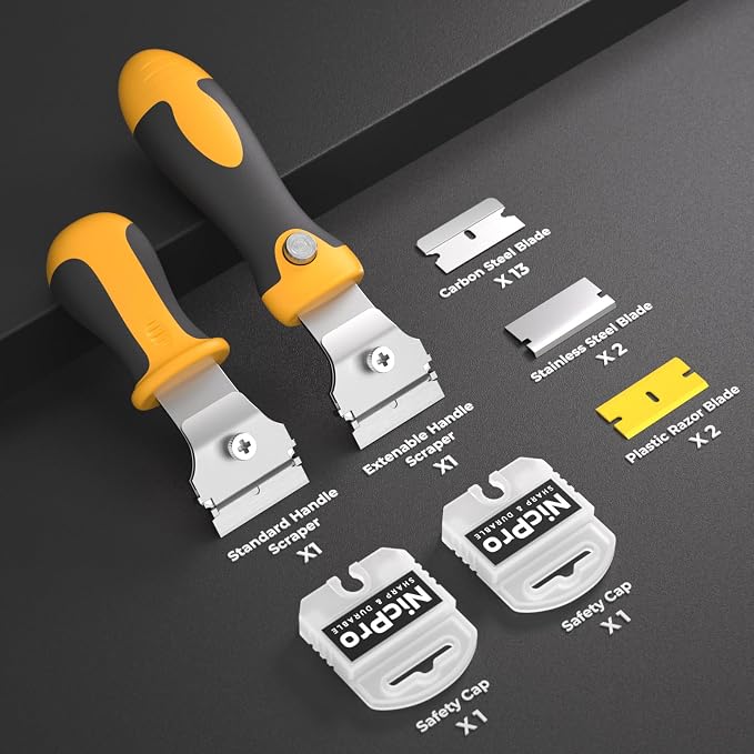 Nicpro 2 PCS Muti-Purpose Razor Blades Scraper Set With 20 Blades Industrial, Adjustable Handle, Cleaning Glass Window Wall Paint, Label Sticker Decal Removal