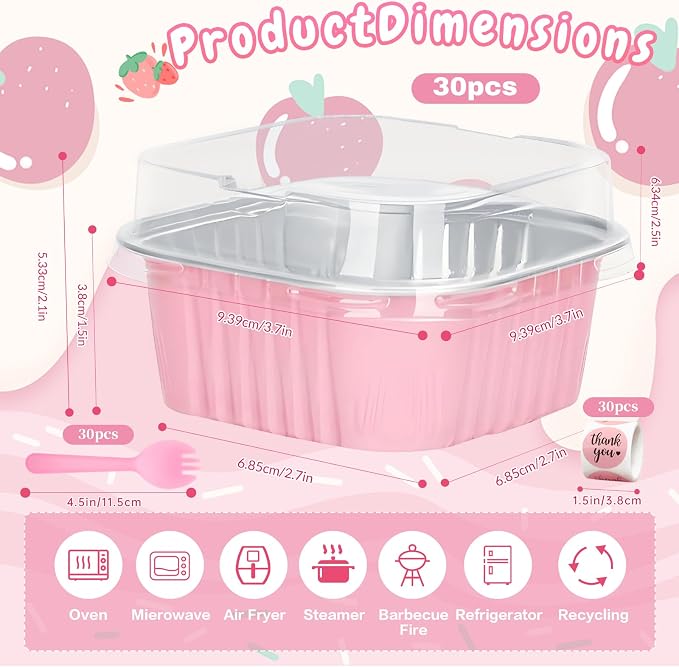30Pack 5oz Pink Mini Cake Pans with Lids and Spoons Baking Cups Aluminum Foil Pans Tins, Individual Dessert Cups Containers for Sales,Party,Picnics