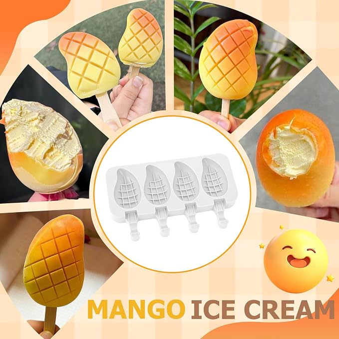 Juome 2Pack Mango Shape Silicone Popsicle Molds - 4 Cavity 3D Mango Ice Cream Molds with 50 Wooden Sticks for Ice Pop, Cake Pop, Cakesicles, Fruit Pudding