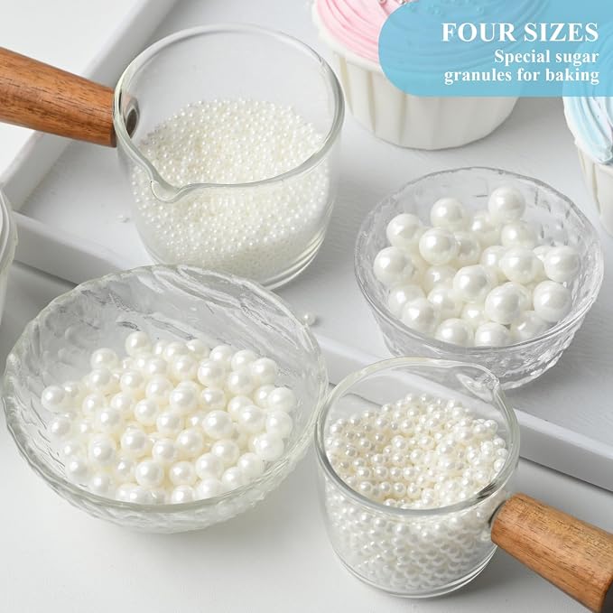 HeDeon&Rles Edible White Preals Sprinkles for Baking 4 Size（2mm 4mm 7mm 10mm）White Sprinkles for Cake Cupcake Pancake Ice Cream Decoration