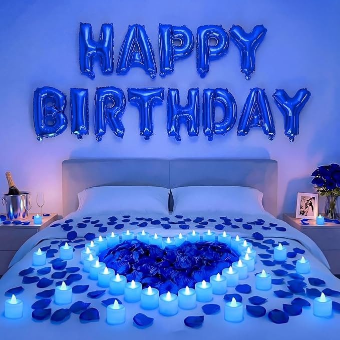 Blue Happy Birthday Balloons Decorations Happy Birthday Letter Balloons Banner Set with 24pcs Round Flameless LED Candles and 2000pcs Artificial Rose Petals for Women Men Room Party Decor