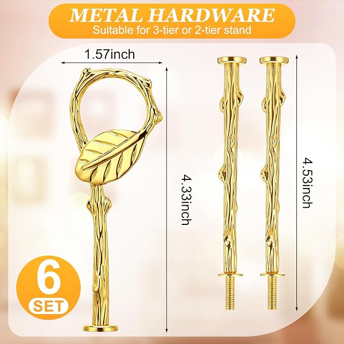Patelai 6 Sets 3 Tier Cake Stand Hardware Tiered Tray Plate Hardware Kit Heavy Metal Cake Fruit Food Plate Stand Fitting Stacking Kit for Serving Dessert Cupcake Dish (Leaf,Gold)