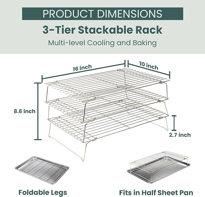Ultra Cuisine Heavy Duty 3 Tiers Stackable, 16" x 10" Cooling Rack for Cooking and Baking - Professional Grade Premium 100% Stainless Steel Baking Rack & Wire Cooling Mesh - Dishwasher Safe - Pack 3