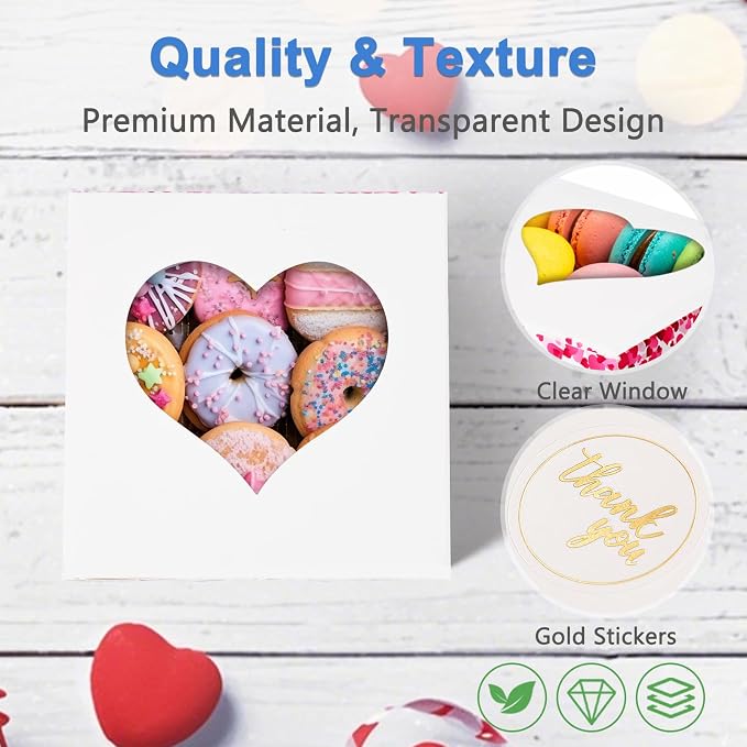50 Pcs 4-Inch Kids Valentines Cookie Boxes Heart, Bakery Treat Boxes for Valentines Day Gifting, To-go Containers for Cake Slice, Macarons, Donuts, Candy 4x4x2.5