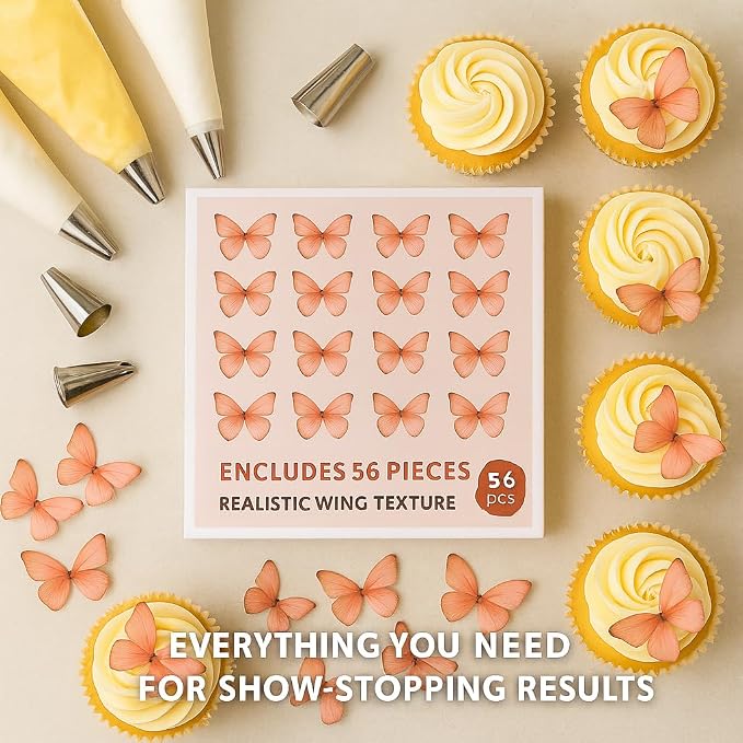 Confect Edible Wafer Paper Butterflies Set of 56 – Colorful Peach Butterfly Cake Decorations, Cupcake Toppers for Birthday, Wedding, Party – Edible Butterfly Toppers