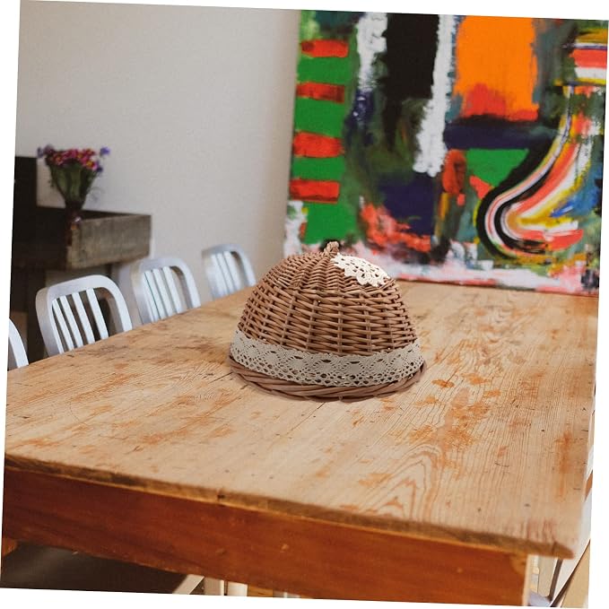 1pc Hand-woven Rattan Cover and Storage Basket Round Design for Kitchen Use Snacks from and Insects Natural Wood for Bread and Pastry Serving