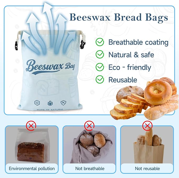2 Pack Blue Beeswax Bread Bags for Sourdough, Reusable Organic Linen Beeswax Bread Bag 17 x 12.6 Inches, Food Storage Drawstring Cloth Bag, Freezer-Friendly Freshness Preservation for Homemade Baking