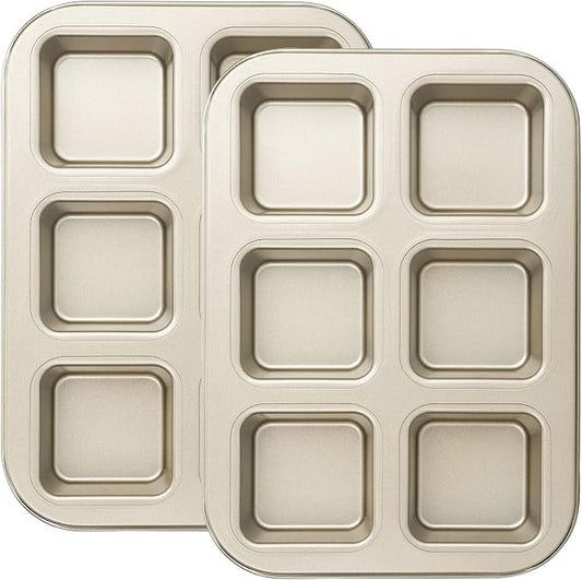 Beasea Mini Brownie Pan, 2 Pack 6 Cavity Gold Square Inidividual Brownie Muffin Cake Cutter Pan Mini Cheesecake Cupcake Bakeware Carbon Steel Brownie Baking Tray Bakeware for Oven Baking